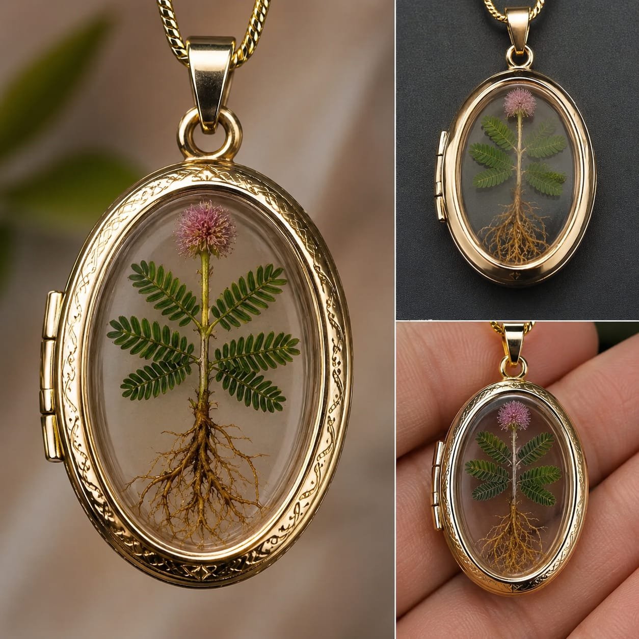 Mimosa Pudica Oval Gold Locket